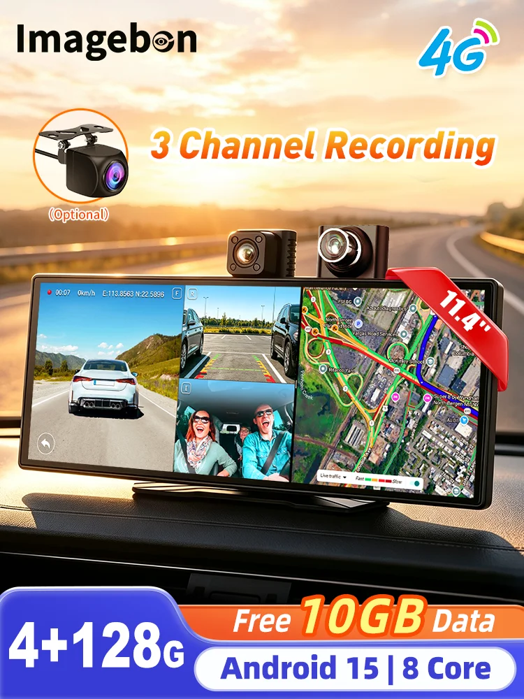 Imagebon M100 Plus 11,4' 4G ESIM Android 15 3-Kanal-Aufnahme Dashcam 4+128G 8-Kern Kabelloses CarPlay Android Auto GPS Auto-DVR