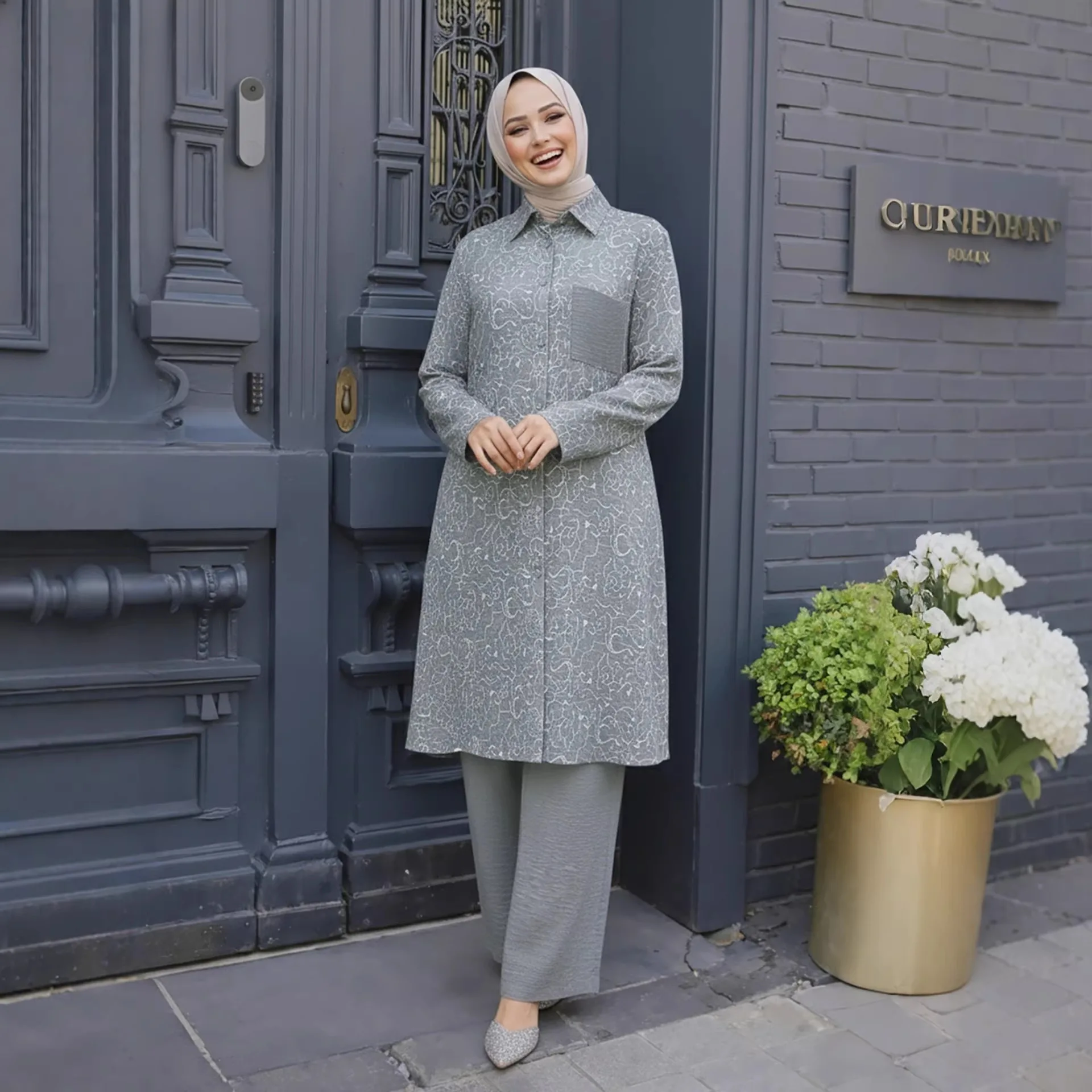 

Мусульманские женские комплекты с принтом: однотонные топы с длинным рукавом и свободные брюки, элегантный повседневный костюм-кафтан в арабском стиле