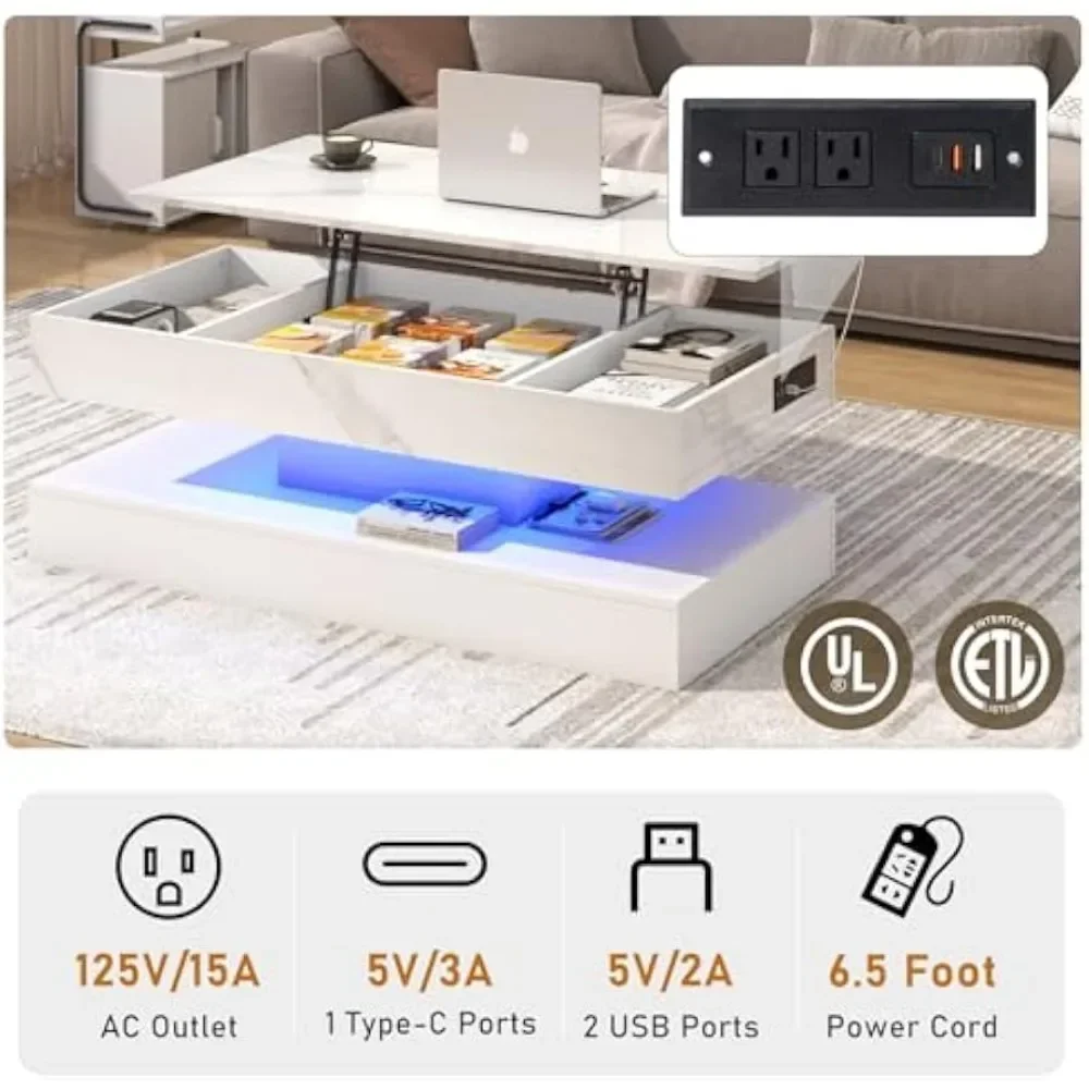 Grande table basse relevable avec station de charge, table centrale moderne à LED, haute brillance, compartiment de rangement GNE, 47.2 po