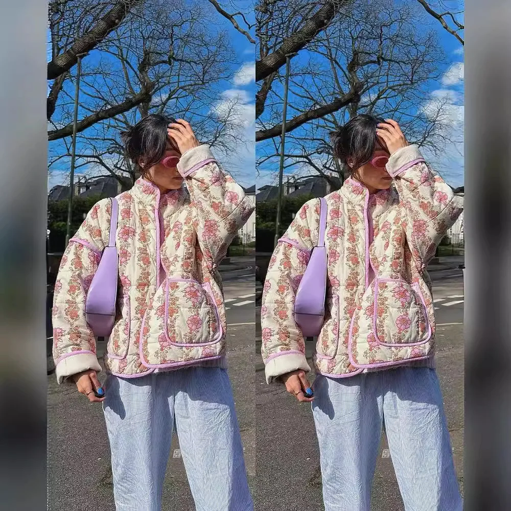 Fashion Vintage Flowers Cotton Jacket Coat Women Autumn Winter New Causal Long Sleeve Outerwear Trendy Commuting Clothing Female