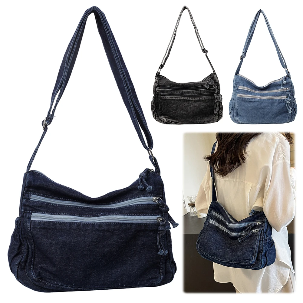 

Women Denim Casual Messenger Bag Large Capacity Stylish Crossbody Bag Adjustable Strap Vintage Satchel Bag Outdoor Travel Bag