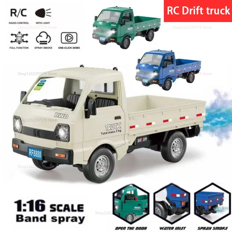 Novo carro de controle remoto kf21 1:16 2.4ghz simula caminhões de deriva e escalada com spray e luzes led brinquedo para crianças meninos presente
