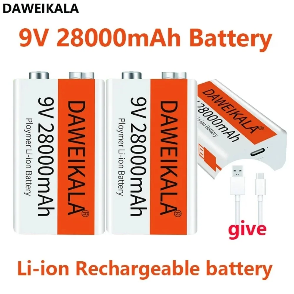2025 9V Battery 28000mAh Li-ion Rechargeable Battery Type-C Battery 9V for Multimeter Microphone Toy Remote Control KTV Use