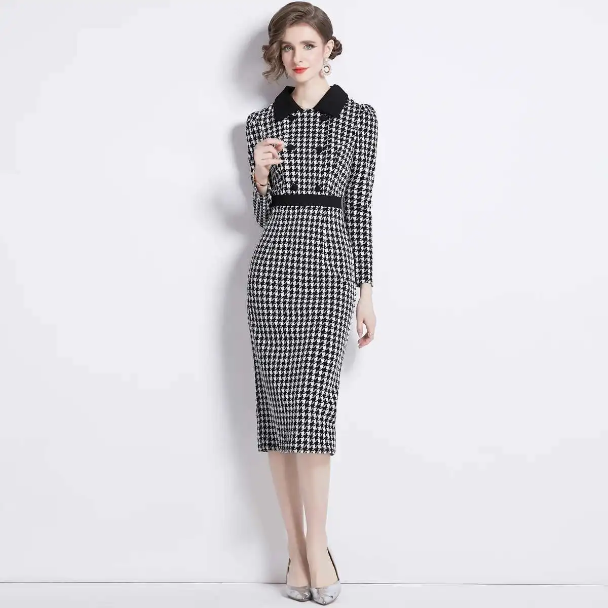 Fashion Black White Checkered Houndstooth Dress Women Long Sleeve Sheash Pencil Midi Dresses Office Lady Double Breasted