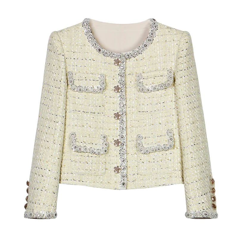 

2025 fashionable and elegant round neck light luxury socialite style heavy industry beaded high-end temperament tweed jacket