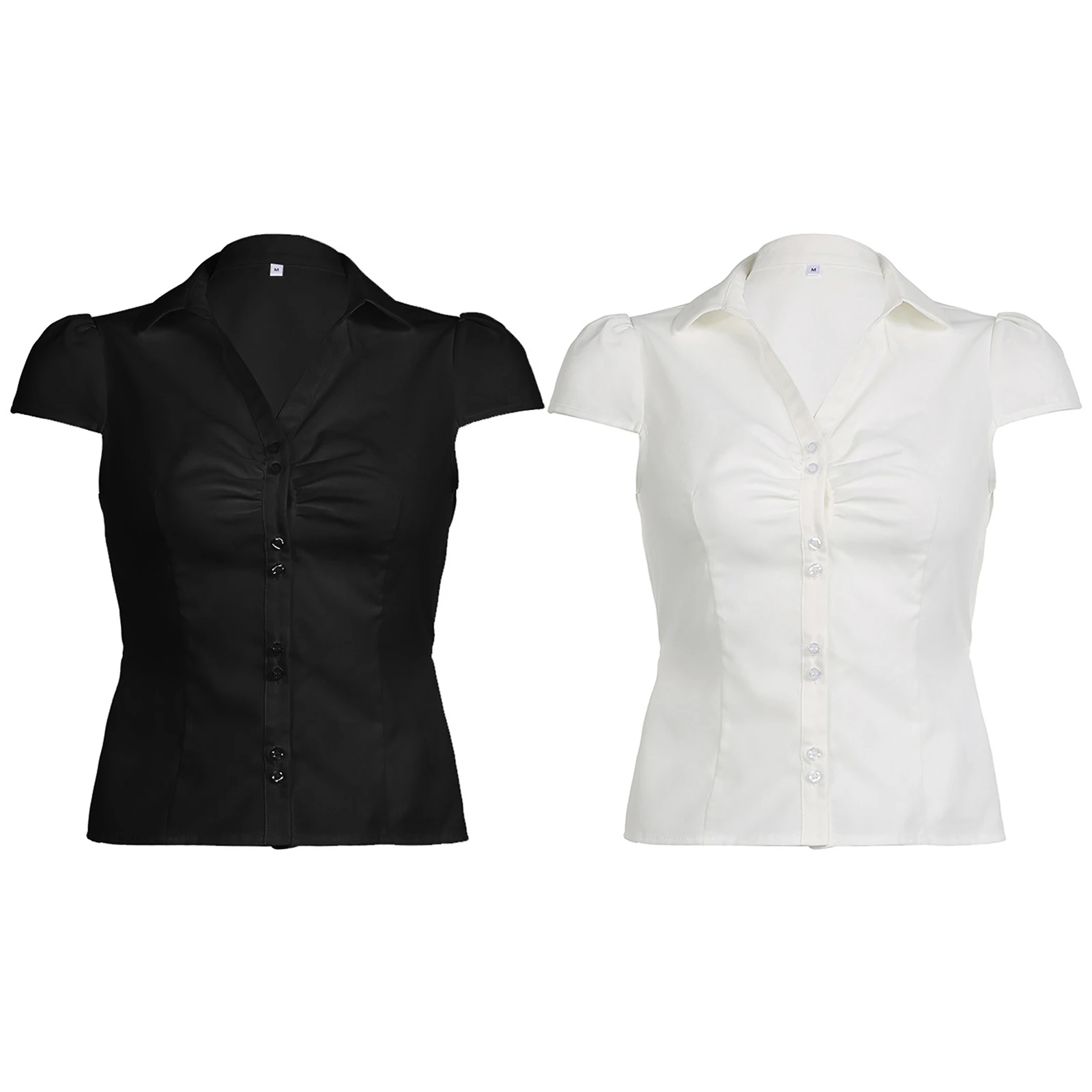 Women Fashion Commute Shirt Solid Color Tops Turn-down Collar Cap Sleeve Ruched Button-up Blouses Office OL Lady Shirts Top