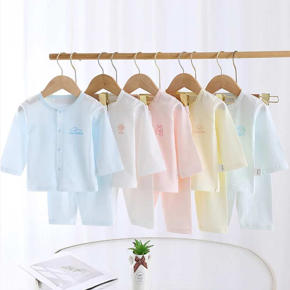 Baby Girl Set Summer Cotton Thin Type Solid Color Long Sleeve Tops Pants 2Pcs Newborn Clothes Air Conditioning Baby Boy Outfits