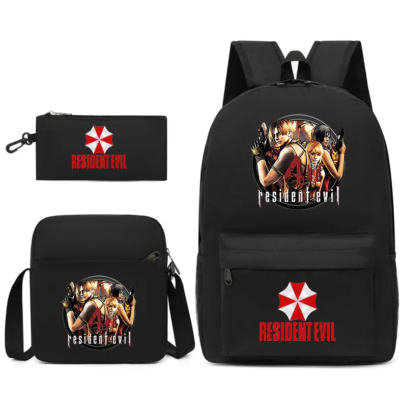 Juego de 3 Piezas de Accesorios para Videojuegos, Mochila, Bolso de Hombro y Estuche para Lápices de Leon de Resident Evil, Útiles Escolares, Regalo de Cumpleaños