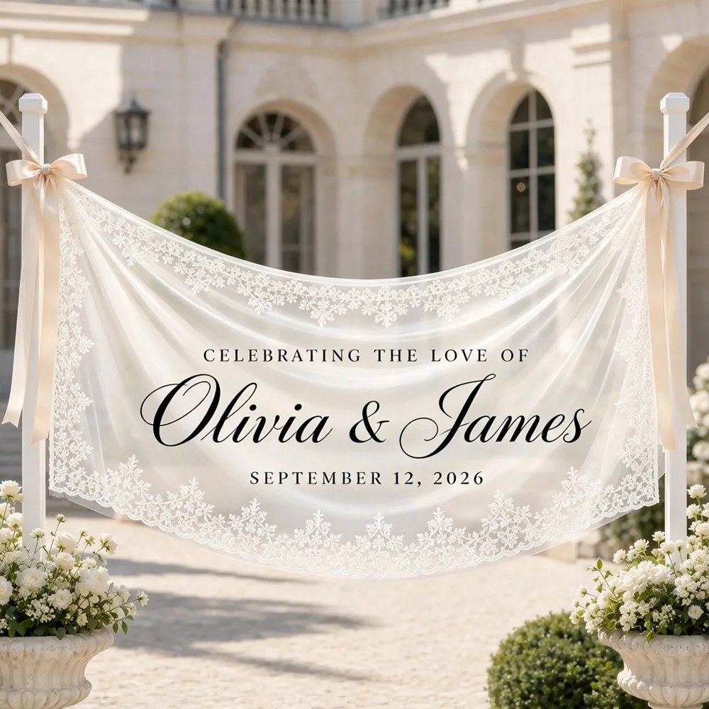Personalized Lace Wedding Banner with 2 Ribbon, Custom Sheer Wall Tapestry, Elegant Reception Backdrop, Wedding Ceremony Decor