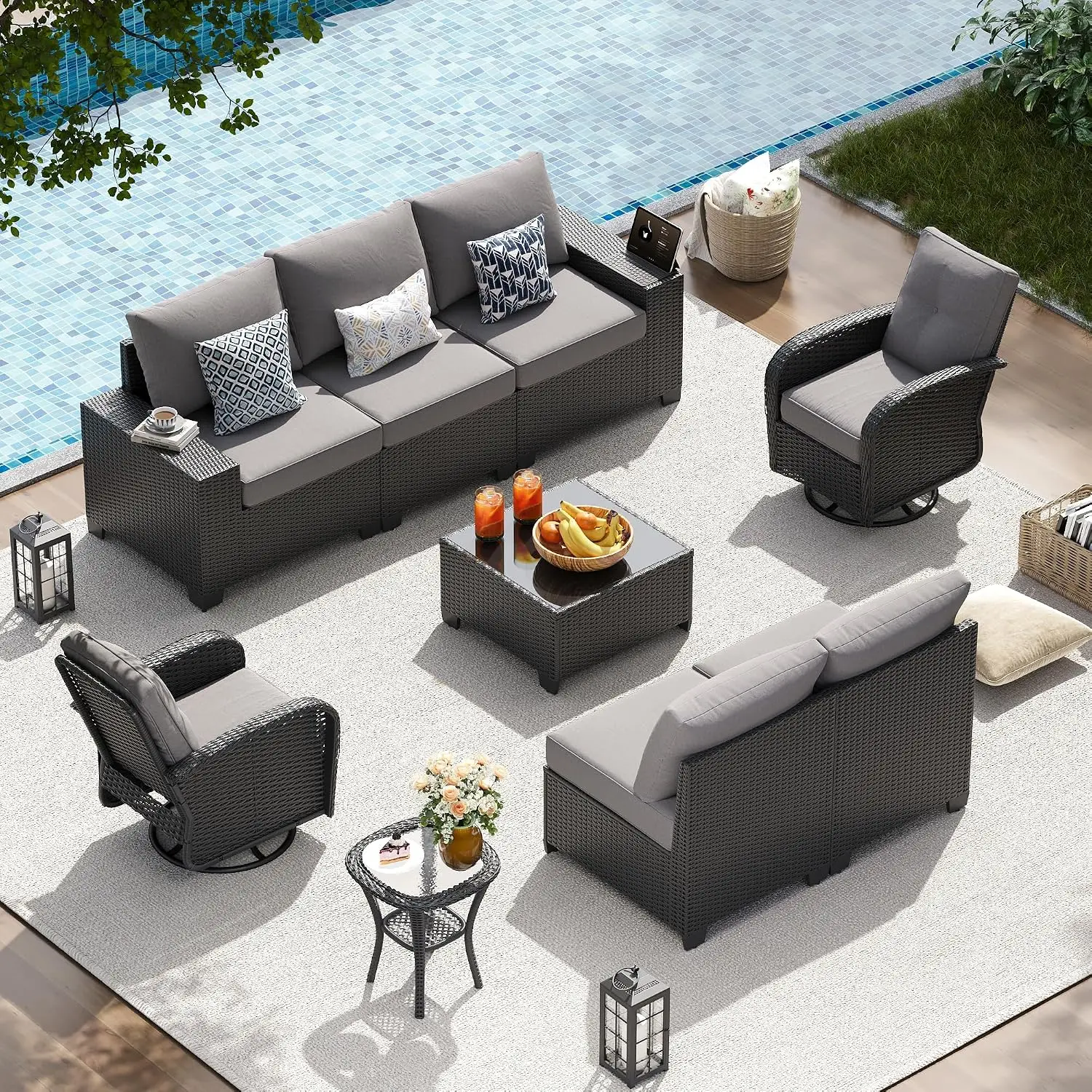 Outdoor Patio Wicker Sectional Set with Swivel Rocker Chairs & 4'' Cushions for Backyard Poolside 9 PCS, Customized