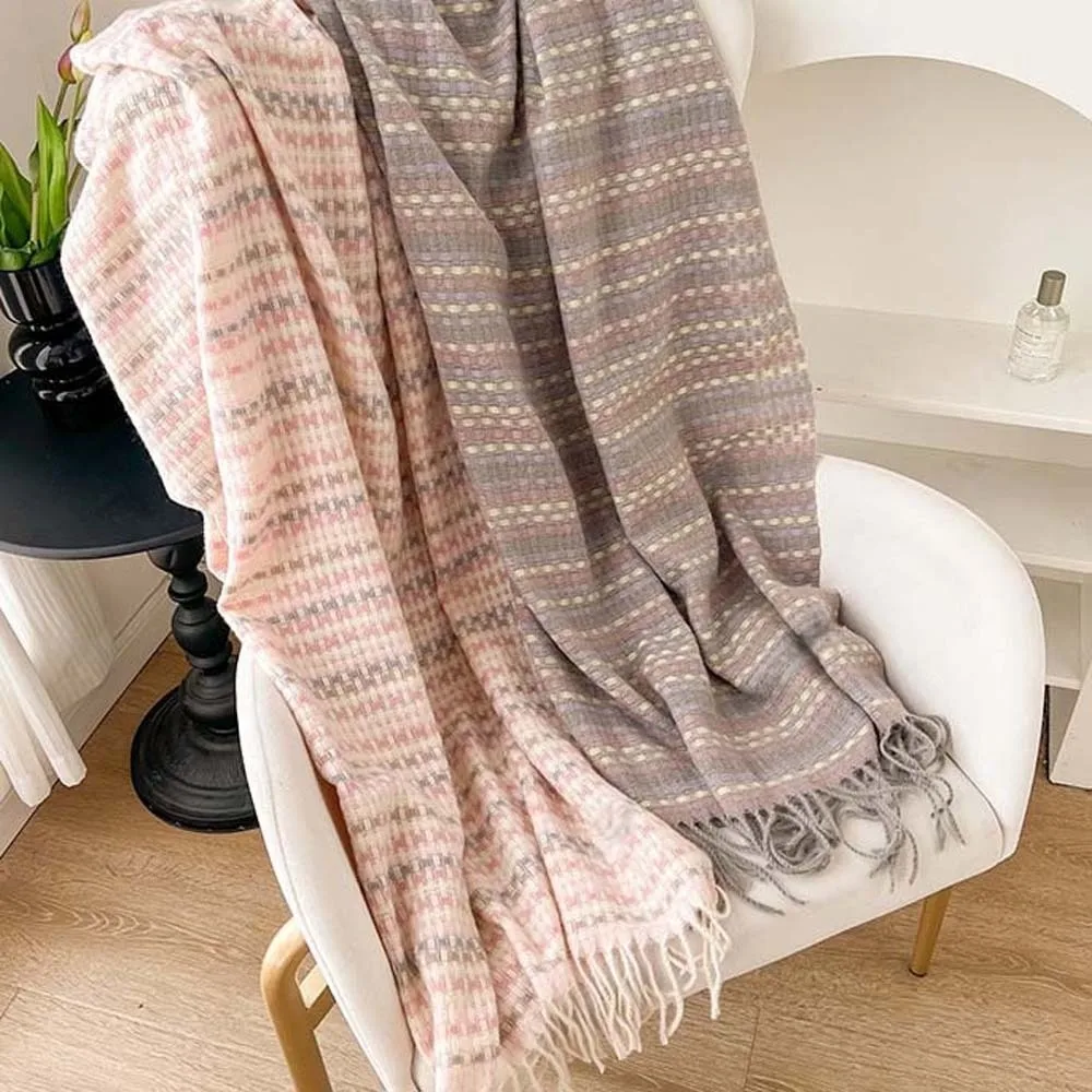 Soft Dopamine Plaid Scarf Contrast Color Korean Style Knitted Wool Shawl Faux Cashmere Polyester Long Neckscarf with Tassel