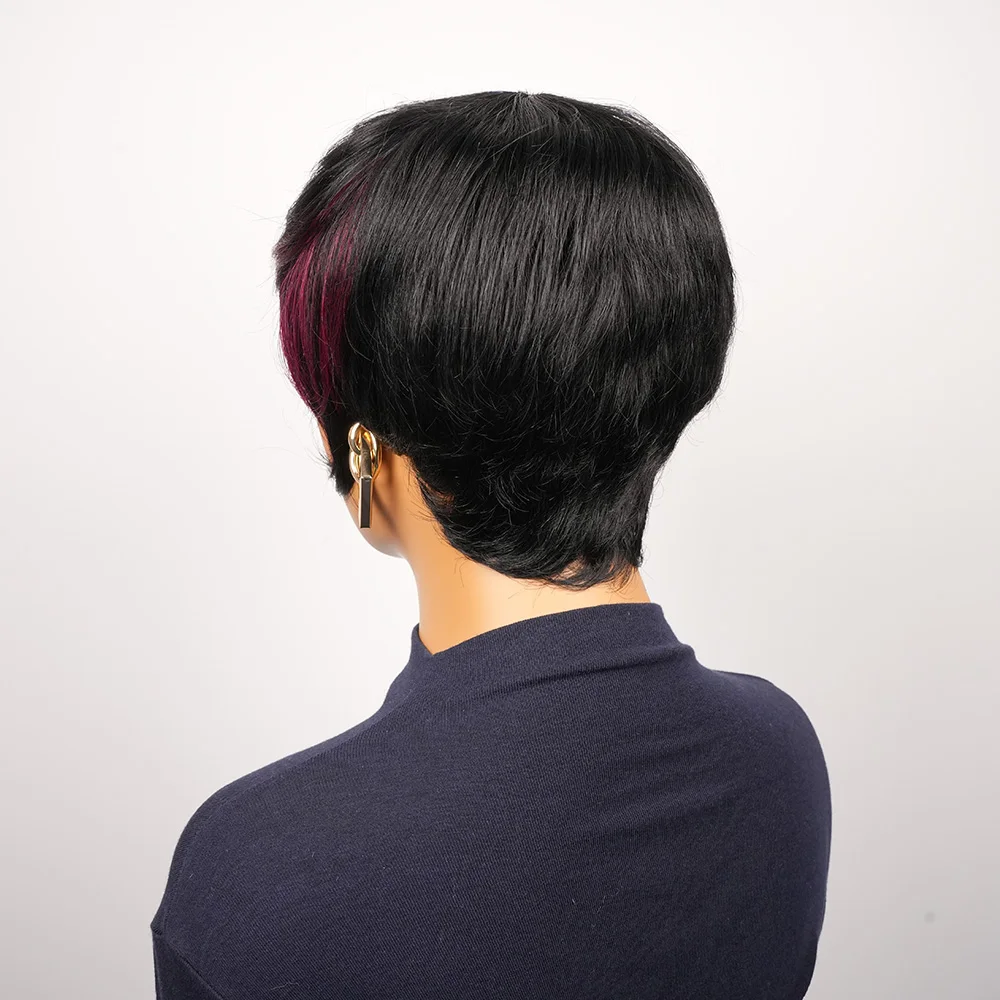 Peruki z krótkimi włosami dla czarnoskórych kobiet, peruki pixie cut wykonane maszynowo z grzywką, czarne z czerwonymi warstwami, peruki bob dla kobiet.