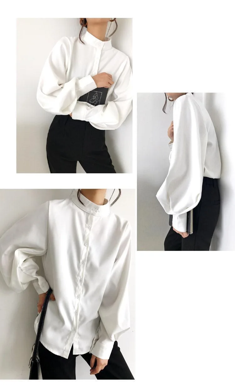 FSMG-Women Vintage Shirt with Stand Collar,Lantern Sleeves, Single-Row Button, Office Graceful Top, Trendy, Black, Spring/Autumn