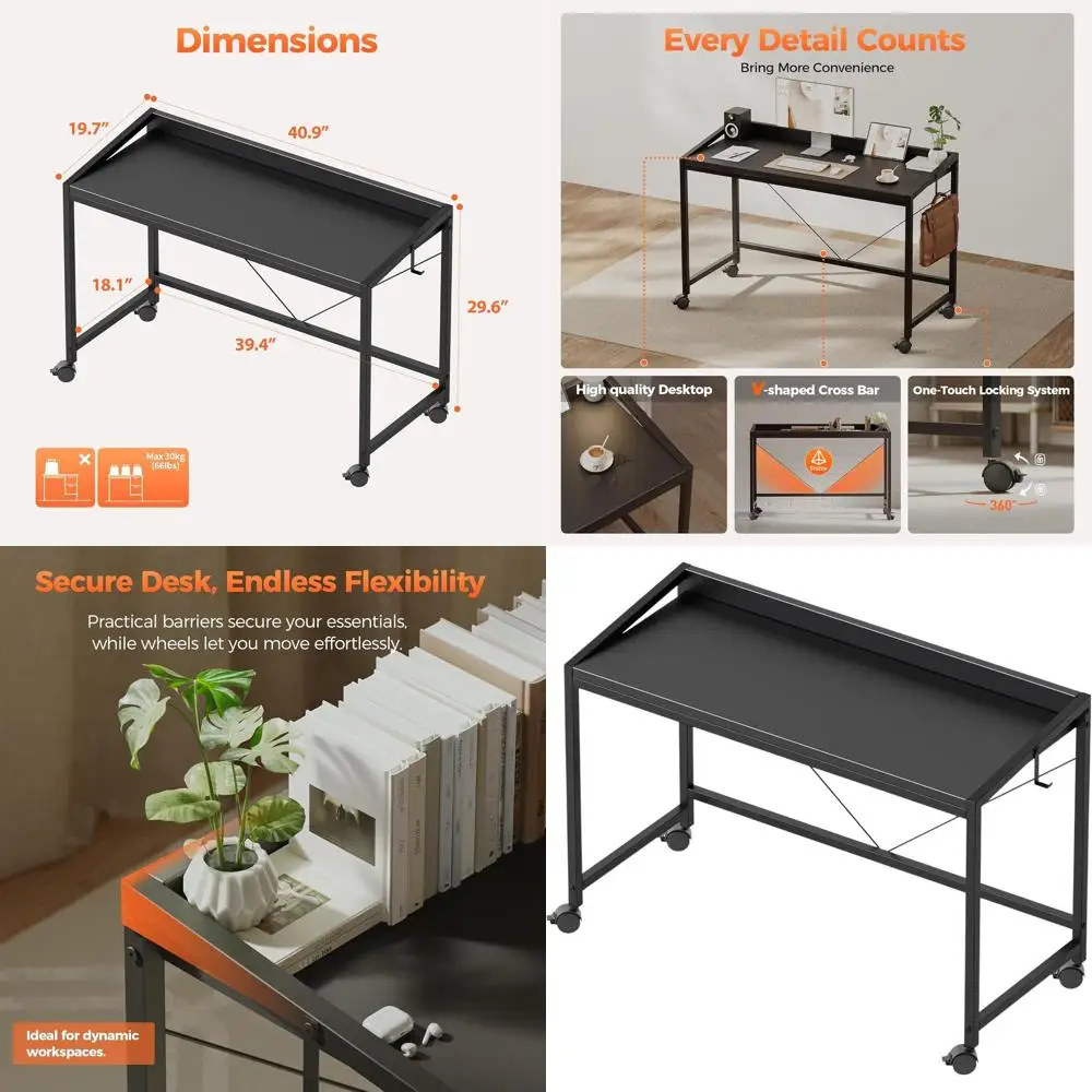 

Компактный игровой стол на колесах, 40, современный стол для домашнего офиса для учебы и письма (охранник, черный)