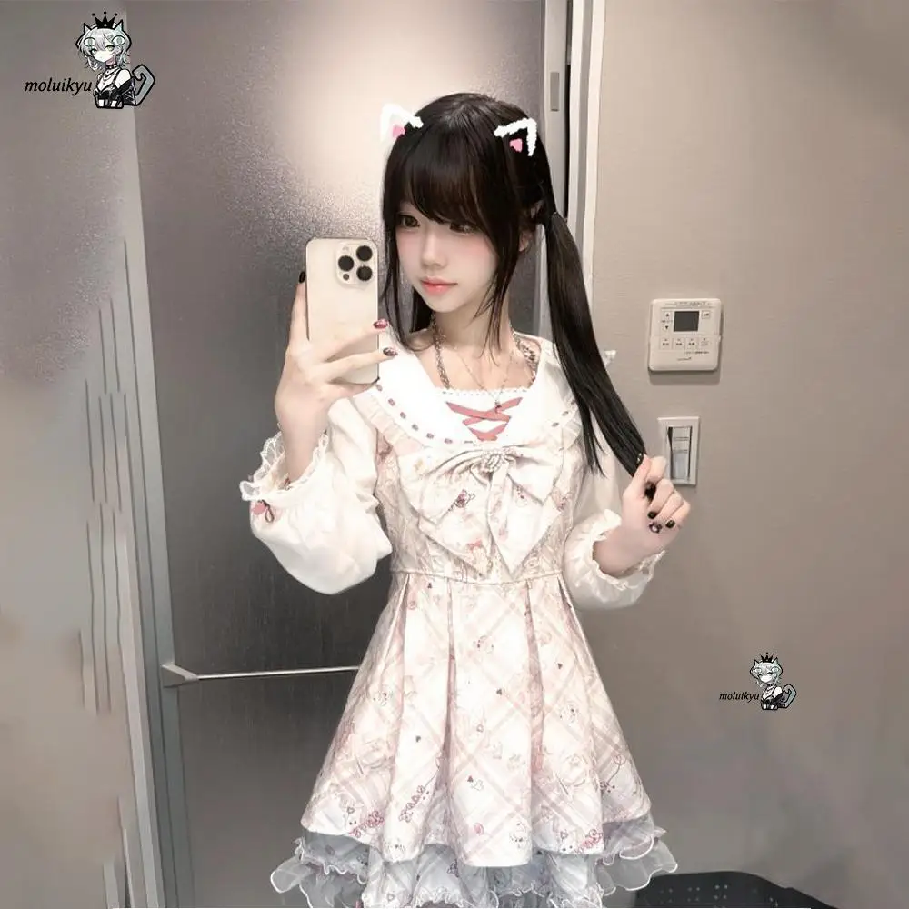 

2026 Kawaii Japanese Y2K Dress Women Sweet Print Bow Vestidos Fake Two Pieces Lace Patchwork Fairy Dress Grunge Vintage Dresses