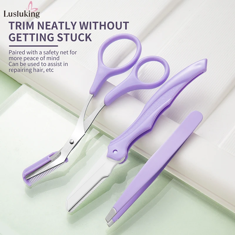 3 قطعة أداة العناية ببشرة الوجه مجموعة مقص تشذيب الحواجب مع مشط مدمج ملقط الحاجب أدوات التجميل ماكينة حلاقة الحاجب اللطيفة #4