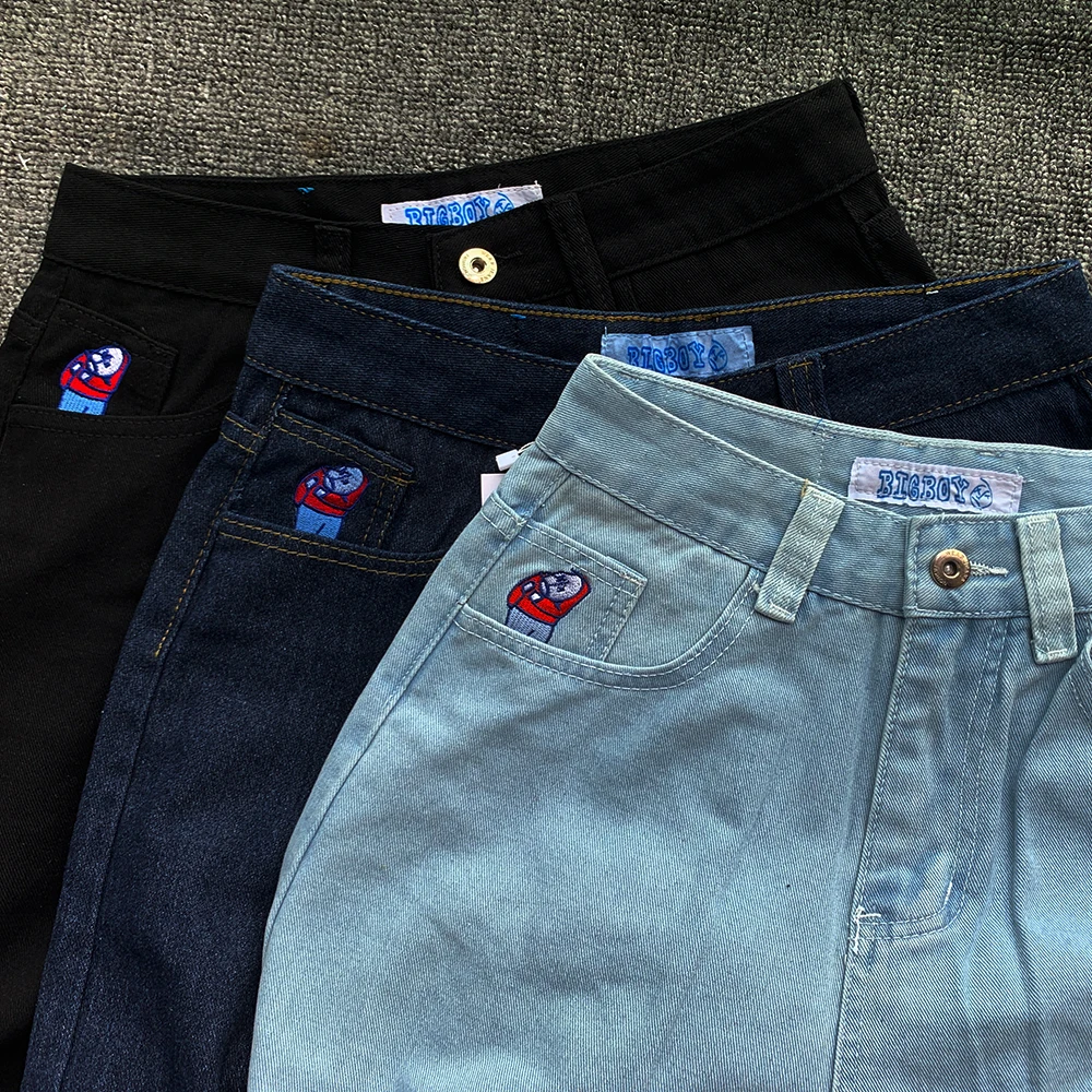 Y2K Embroidery Baggy Boy Jeans Women Streetwear Gothic Cartoon Blue Straight Jeans Retro Punk Rock High Waist Denim Trousers
