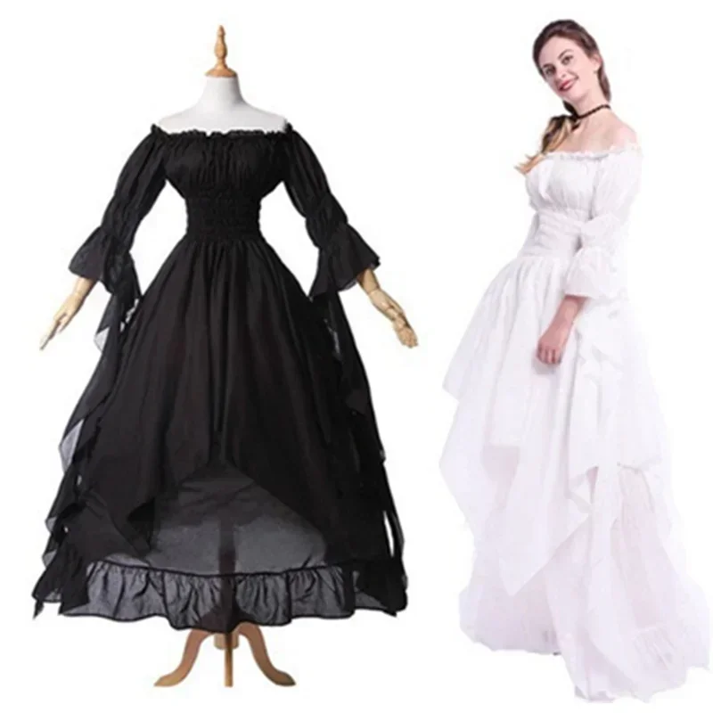 White Victorian Medieval Renaissance Long Dress Plus Size Women Cosplay Halloween Costume Princess Gown Vintage Gothic Dresses