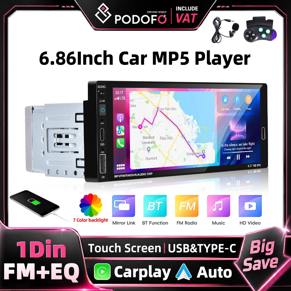Podofo Autoradio 1 Din 6,86 pouces Lecteur multimédia Carplay filaire Android Auto Mirror Link HD 1280*480 Écran tactile Lecteur vidéo Radio FM AUX USB Type-C Prise en charge TF/USB Caméra de recul Commande au volant Autoradio Stéréo