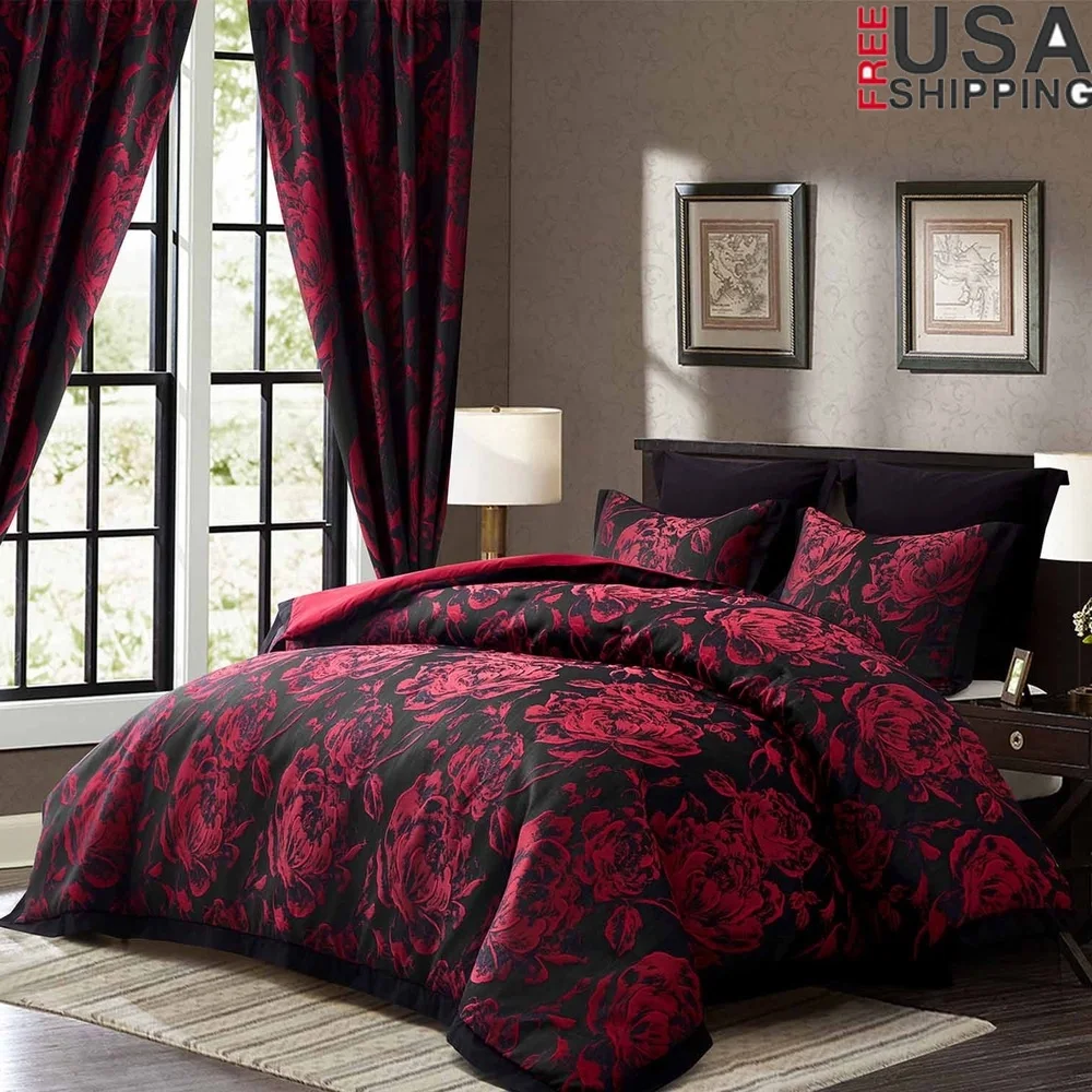 

7-Piece Queen Comforter Set with Matching Curtains Jacquard Seersucker Floral Design Hypoallergenic Bedding Set Easy Care