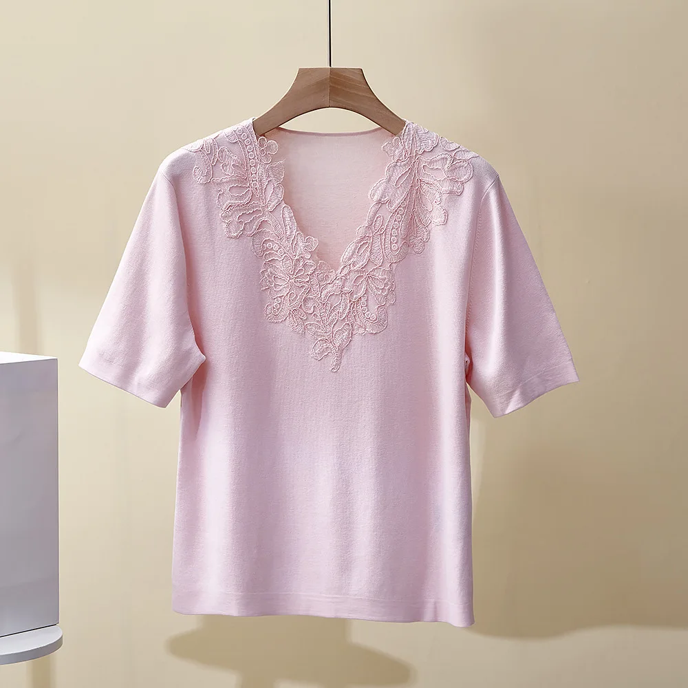 

Женский летний новый топ, свободный v-образный вырез, кружевная строчка, шелковая хлопковая трикотажная футболка с короткими рукавами, универсальная