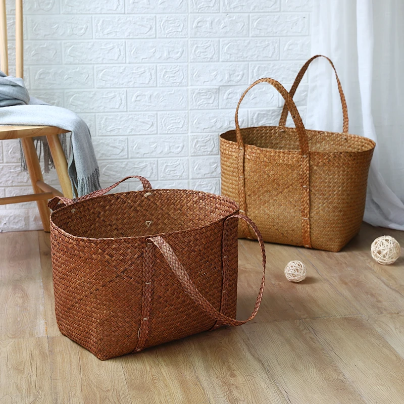 Grass Woven Tote Basket Woven Storage Basket Large Rural Style Woven Grass Dirty Clothes Basket Storage Basket