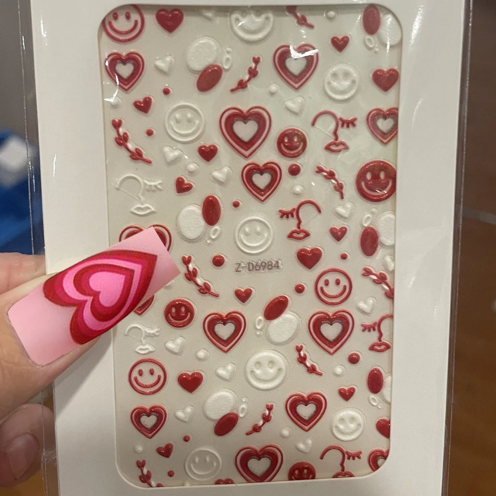 Hollow Red Heart 5D Nail Stickers Red White Love Smile Designs Pattern Adhesie Sliders Summer Decals For Manicure Decoration*3-3