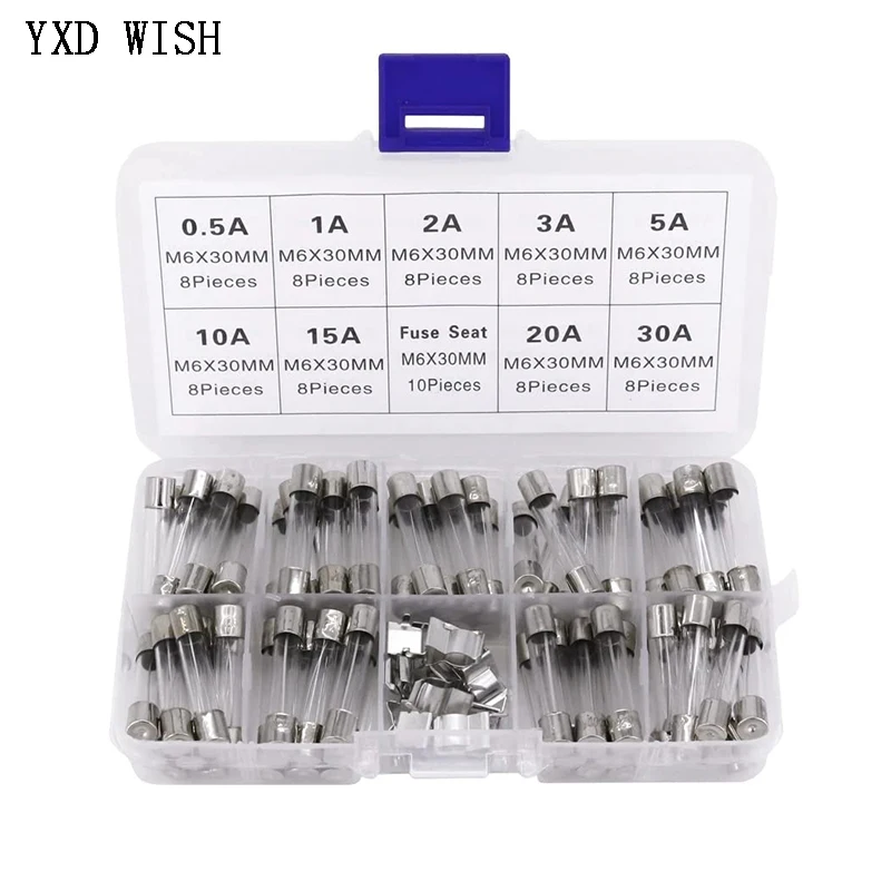 72PCS 6x30 6*30 mm Fast-blow Glass Fuses Assorted Kit 250V 0.5A 1A 2A 3A 5A 10A 15A 20A 30A AMP Tube Fuses Set