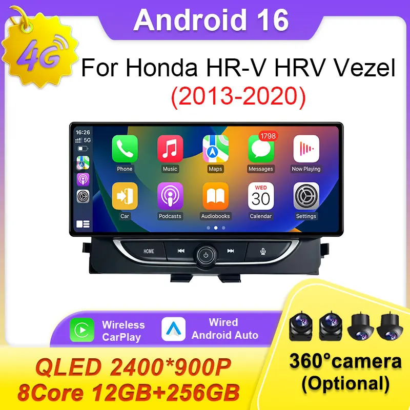 Radio para Auto Android 16 de 12.3 Pulgadas para Honda HR-V HRV Vezel 2013-2020, Reproductor Multimedia con Pantalla Ultrafina, GPS, Navegación, CarPlay y DSP