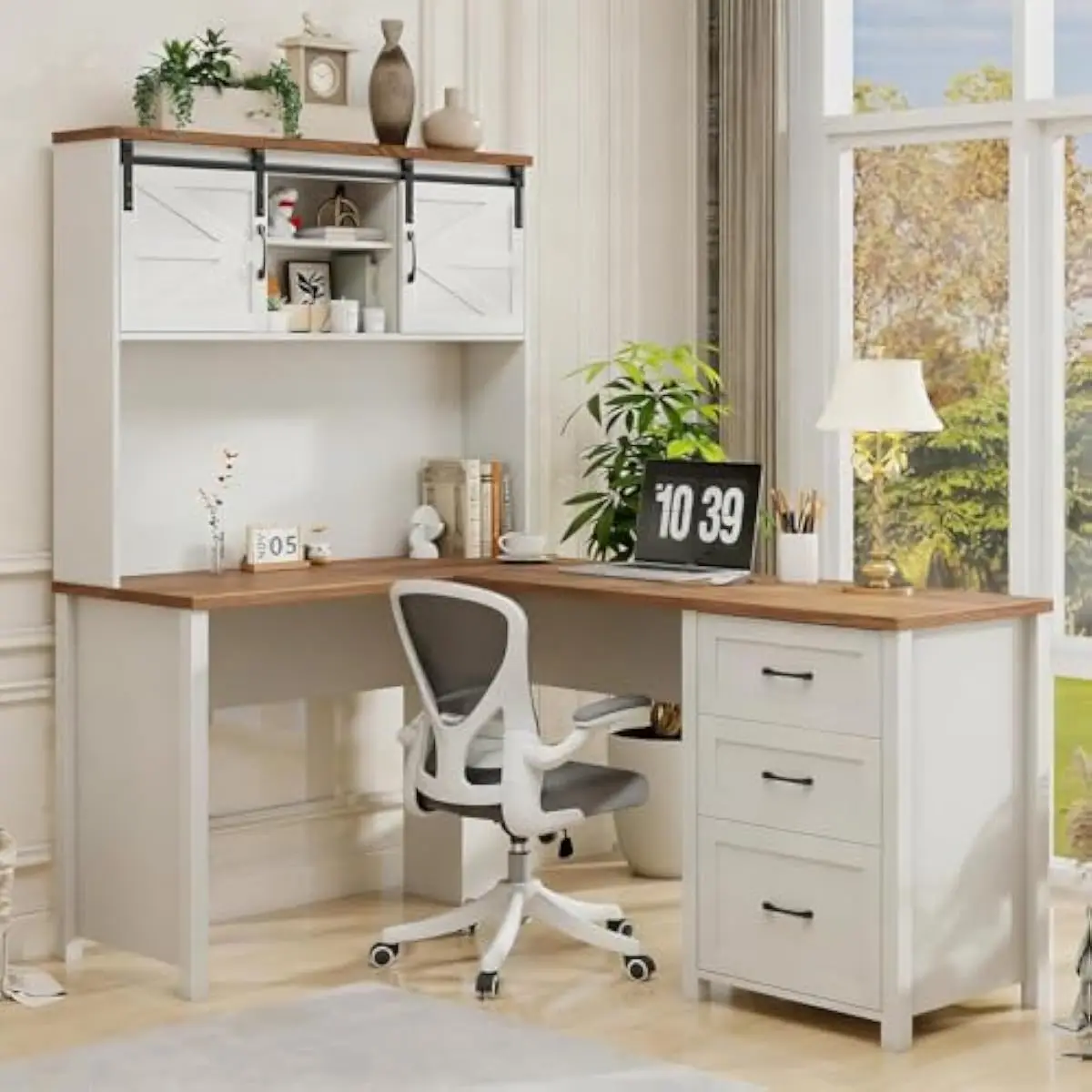 Rustic L-Shape Computer Desk 68 Inch Tall with Two-Tier Barn Door Hutch Engineered Wood Top Natural Grain Finish Spacious Workst