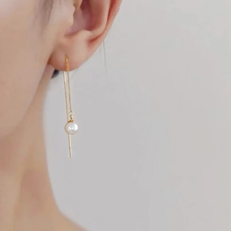 Huitan Dainty Long Hanging Earrings Lady Engagement Jewelry Ear Pendants with Simulated Pearl Graceful Gold Color Accessories