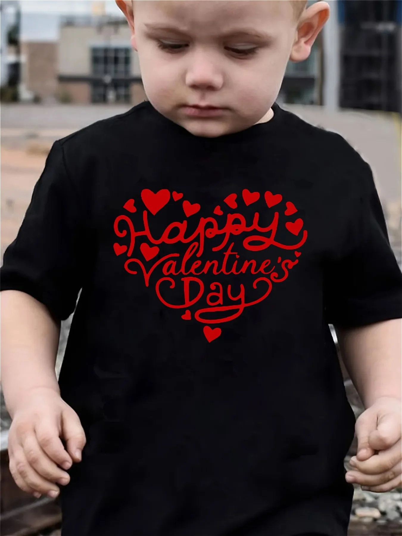 

Valentine's Day boys' T-shirt heart pattern print happy Valentine's Day letter print soft trendy round neck short sleeved top