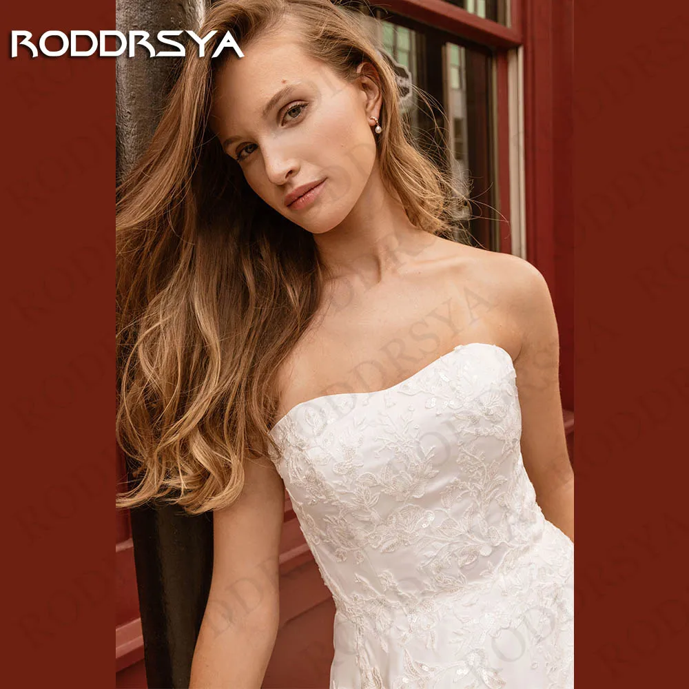 Roddrsya vestido de novia träger loses hochzeits kleid eine linie braut elegante rücken freie applikationen satin spitze brautkleid ärmel los Vestido De Novia 2024 Trägerloses Brautkleid A Line  Braut Elegant Rückenfre