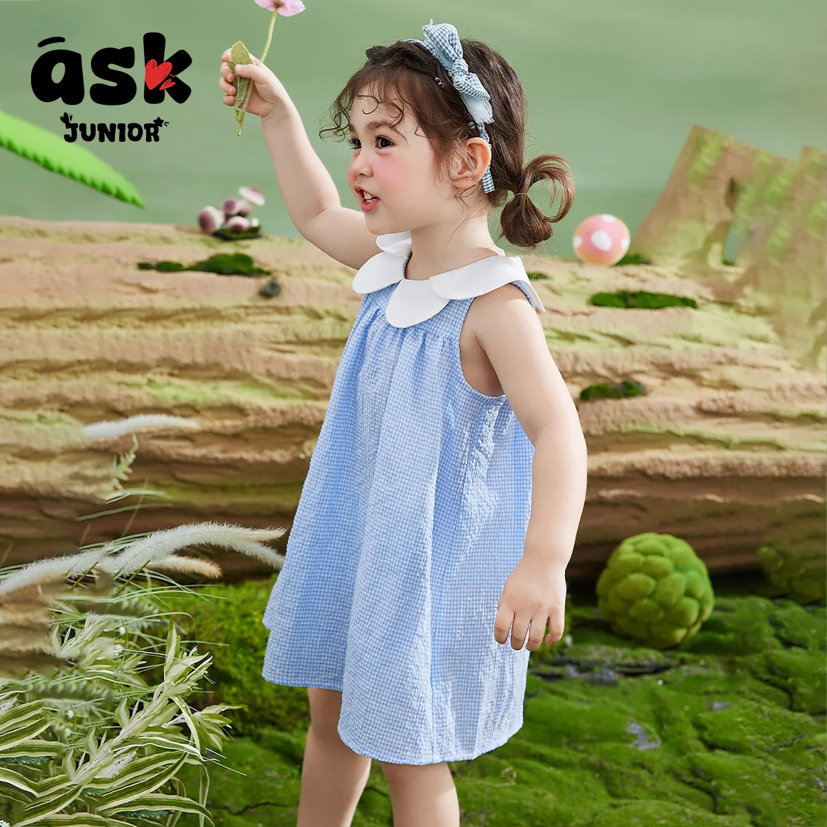 فستان ASK JUNIOR للفتيات الصيفي الرقيق للأطفال بياقة بتلة منقوش بدون أكمام