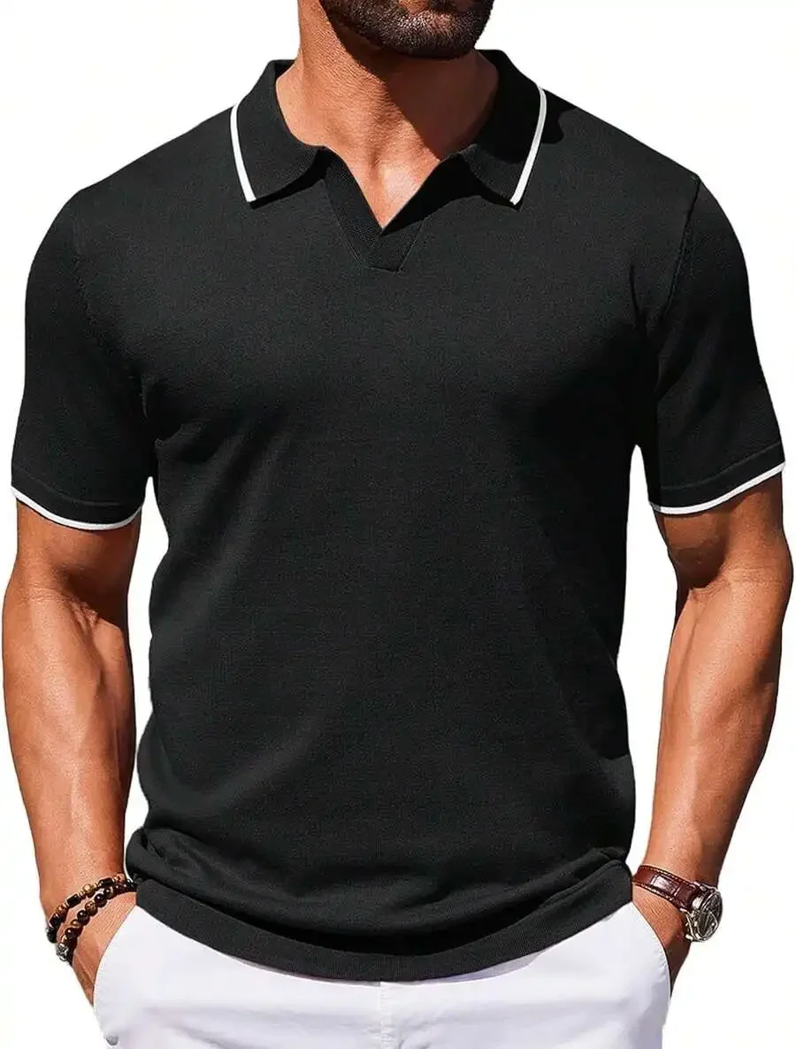 

Mens Short Sleeve Casual Knit Shirt With White Trim Classic Top