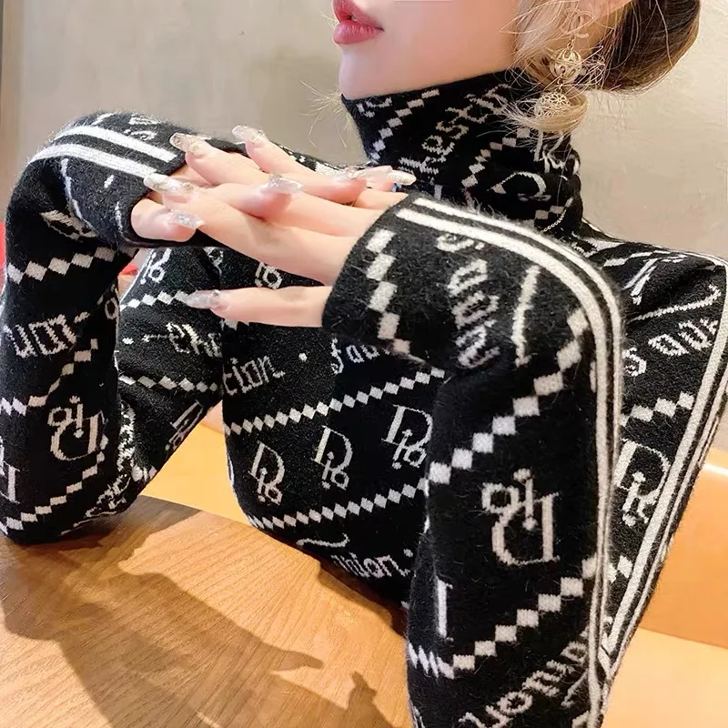 Women Clothing Slim Knitted Turtleneck Sweaters Autumn Winter New Vintage Fashion Elegant Pullovers Chic Y2k Letter Jacquard Top