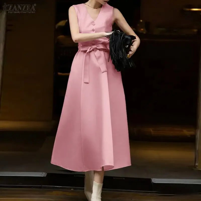 Elegant Women Satin Dress 2026 ZANZEA Stylish V Neck Party Dresses Sumemr Sleeveless Office Sundress Casual Solid Holiday Robe