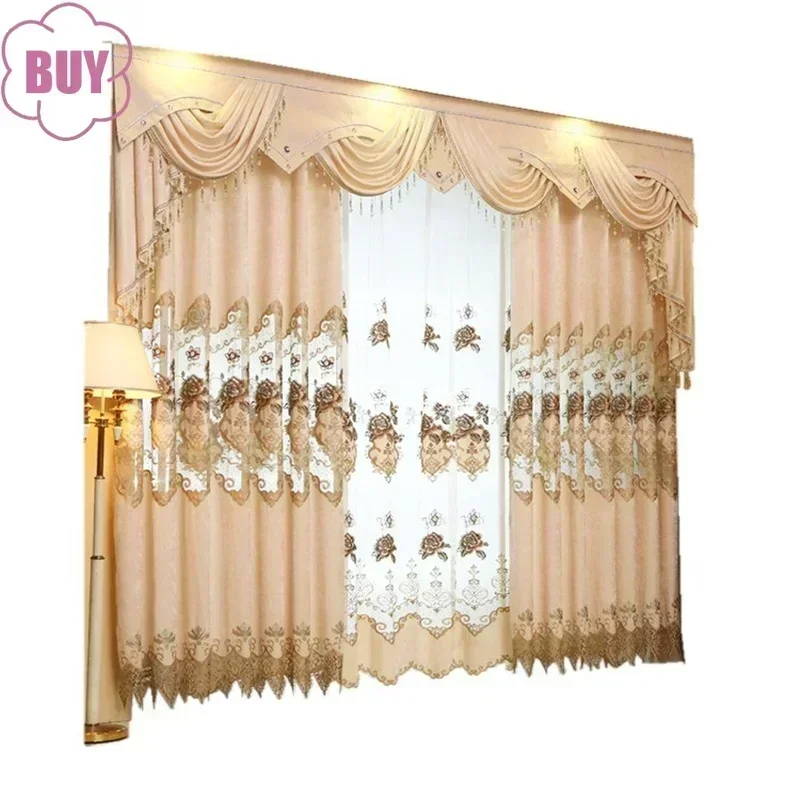 1PC European Style Curtains For Living Dining Room Bedroom Luxury Embroidered Beige Chenille Curtain Valance French Window Tulle