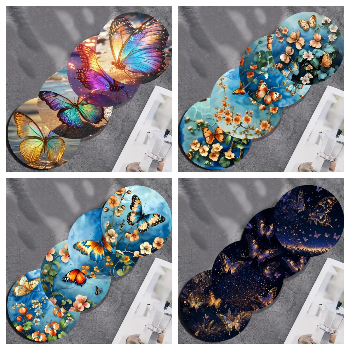 4-teiliges Set Bunte Schmetterling-Kunstuntersetzer, Rutschfeste Holzuntersetzer, Geeignet für Wohnzimmer, Büros, Bars und Restaurants