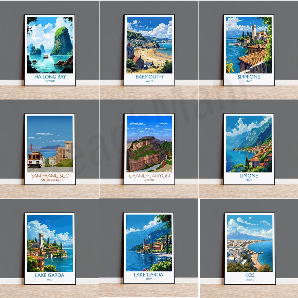 1 peça de pintura em tela sem moldura Porto, Lago Garda, Barmouth, País de Gales, Liverpool, Baía de Halong, Vietnã, República Dominicana, San Franci