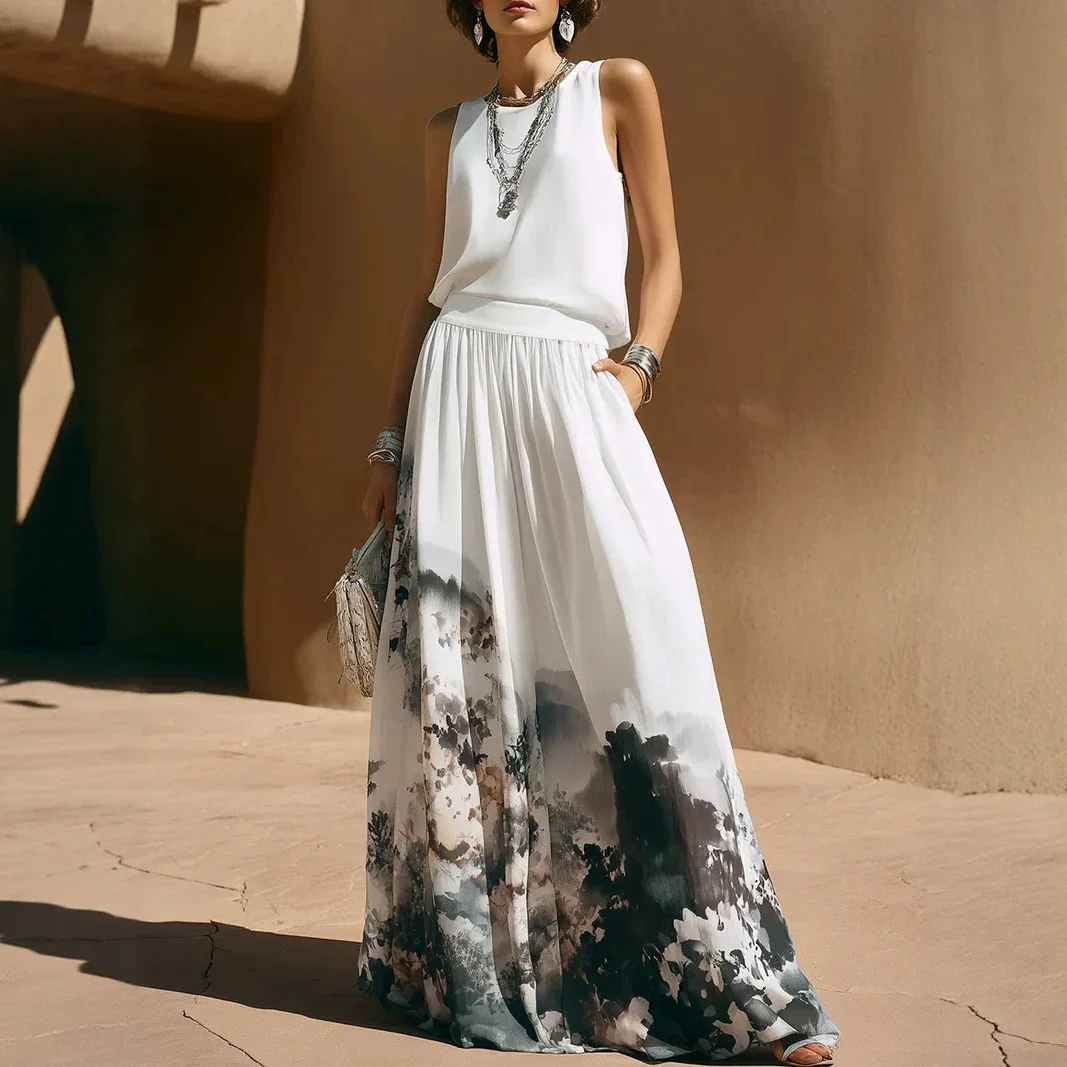 Greenora Fashion Beach Chic Sleeveless Tank Top Ink Wash Painting Print Maxi Skirt Two Piece Set Women