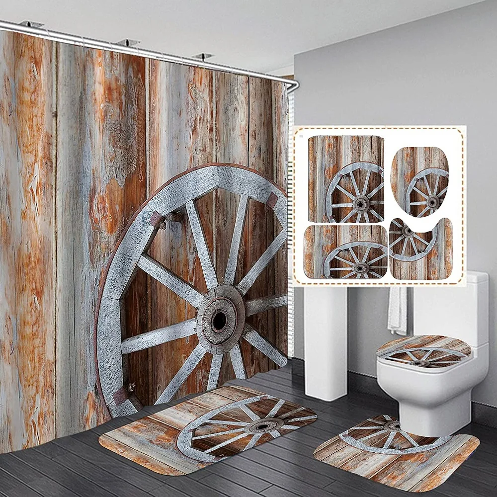 

Vintage Wagon Wheel Shower Curtain Set Country Farmhouse Rustic Old Wooden Board Door Non-slip Rugs Toilet Lid Cover Bath Mat