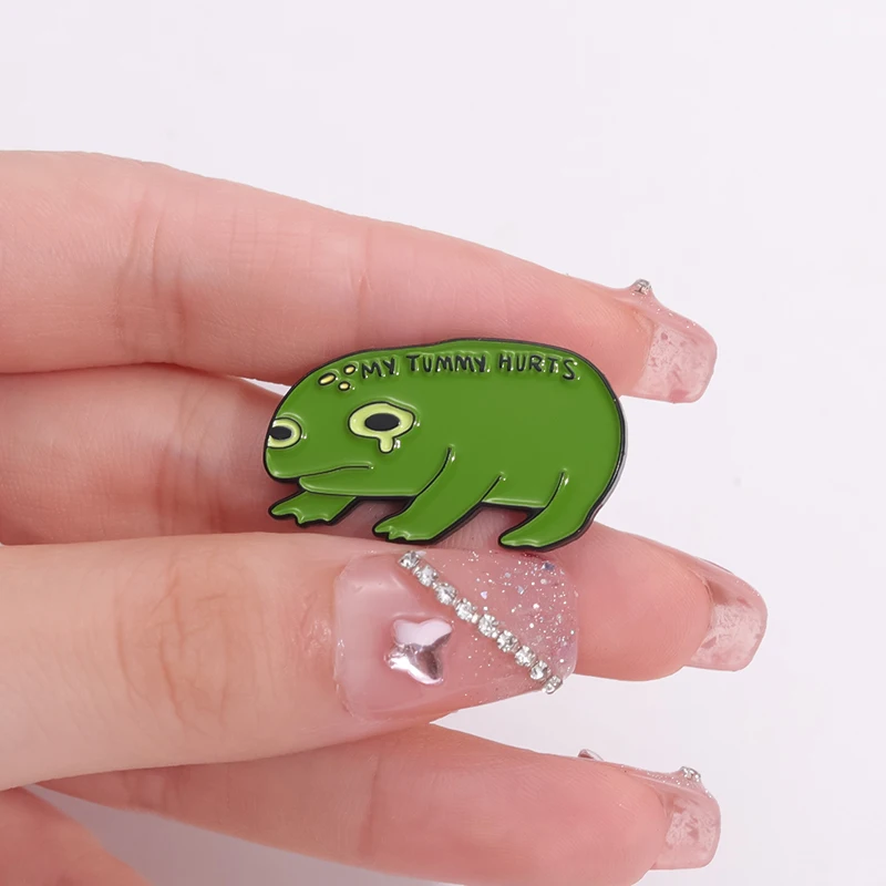 Crying Green Frog Enamel Pins Custom MY TUMMY HURTS Brooches Lapel Badges Cartoon Animal Jewelry Gift for Kids Friends