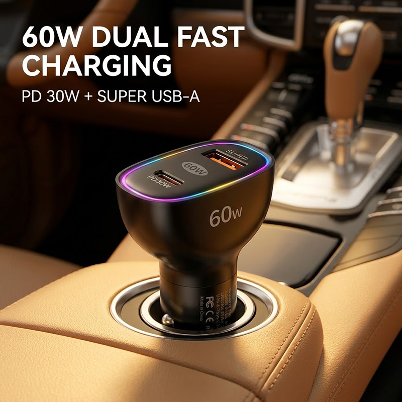 60W USB C Car Charger with LED Light Dual Port PD 30W and USB A Fast Charging Adapter Fits 12-24V Cars Smart Protection 
