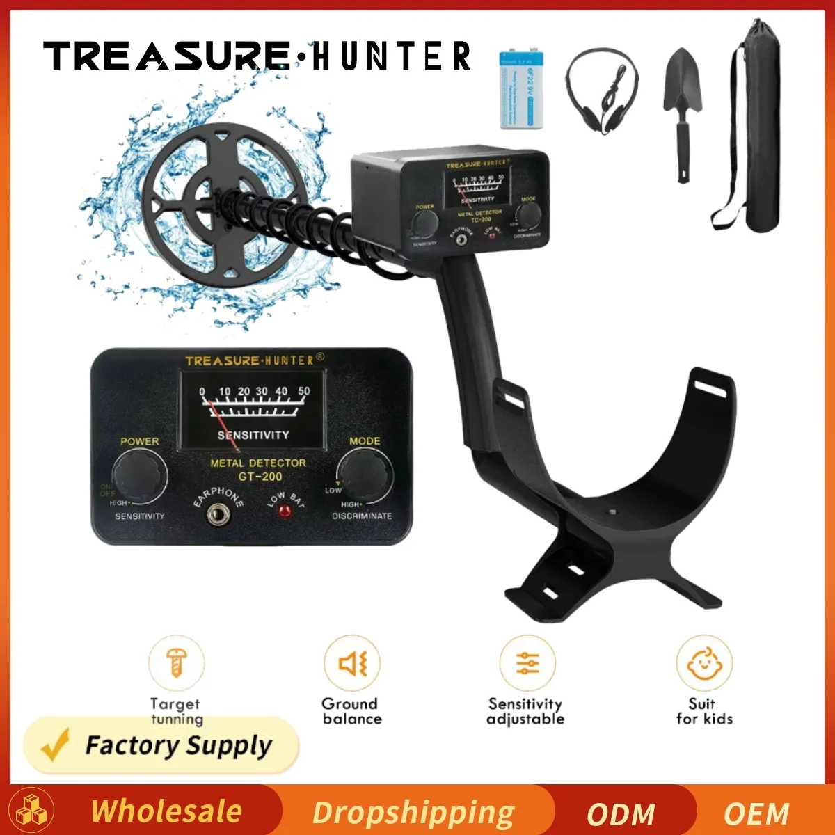 Treasure Hunter GT200 Metal Detector with battery Professional High Sensitive Underground Iron Gold Detector Waterproof IP68