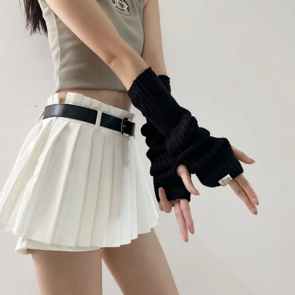 Fashion Elastic Y2K Oversleeve Punk Long Mittens Fingerless Gloves Korean Style Sweet Knitted Arm Warmers JK