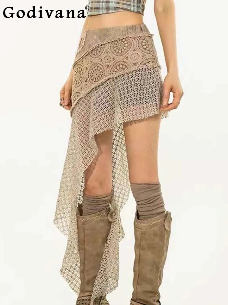 

American Retro Splicing Knitted Lace Summer New Skirt Chic Sexy Girls Irregular Hollow High Waist A-line Versatile Long Skirts