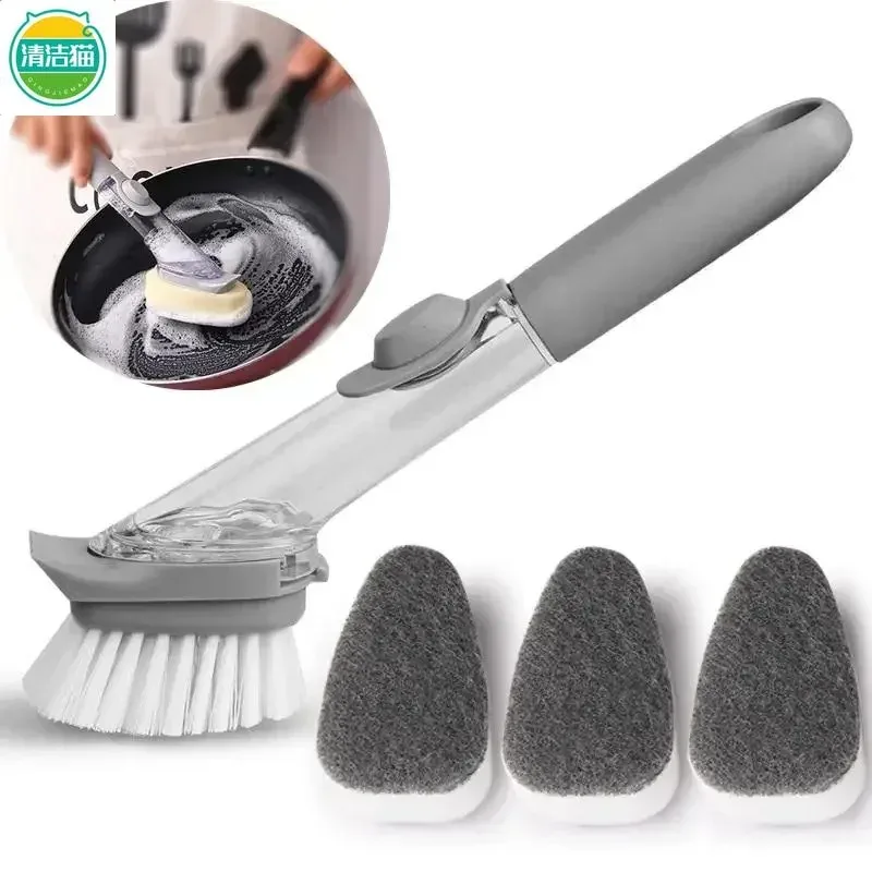Refillable Liquid Cleaning Brush Kitchen Bowl Scrubber Cleaning Sponge Long Handle Dispenser Cleaner Tool with Dish Soap Washing