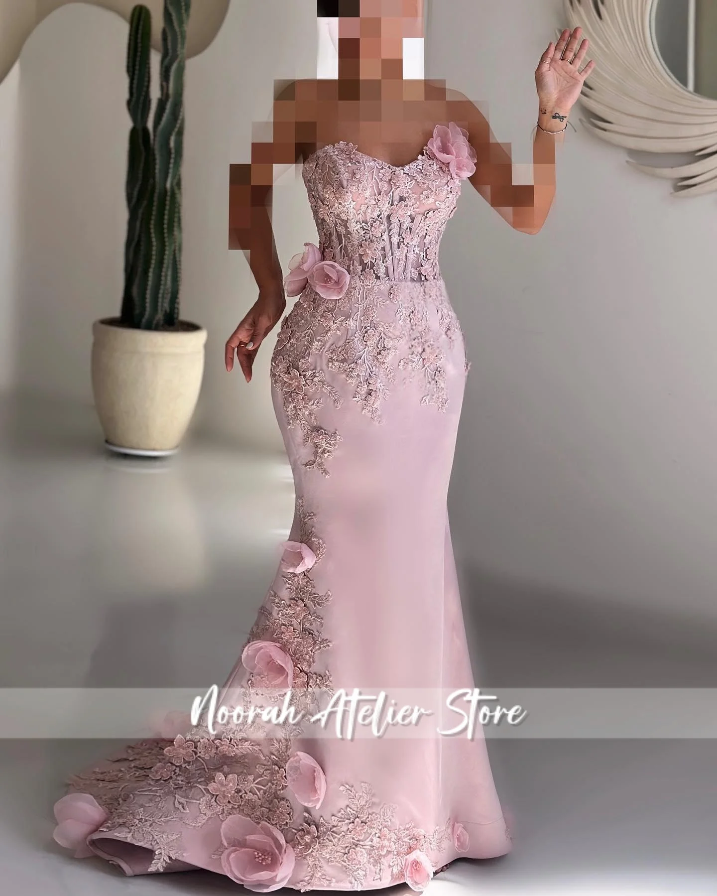 Rose 3D Appliques Sirène Arabie Saoudite Dubaï Femmes Manches Robes De Bal Robes De Bal Formelles avec Perles Longue Robe De Soirée