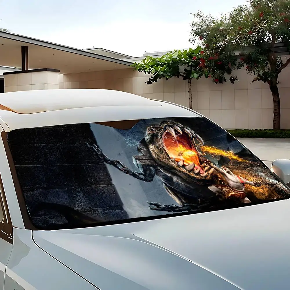 ゴッド・オブ・ウォー ゲームカーサンシェード 130x70cm 車用サンシェード フロントガラスカバー UV保護 自動バイザーアクセサリー 車用